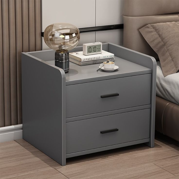 Modern Minimalist Grey Nightstand with 2 Storage Drawers & Raised Edges