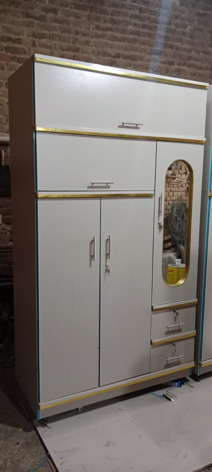 Modern Multi-Functional Wardrobe Almirah with Mirror & Gold Trim Accents