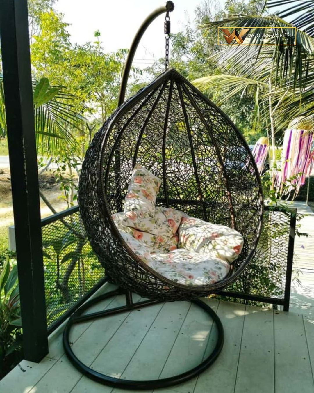 Luxury Indoor/Outdoor Egg Swing Chair with Heavy-Duty Stand & Floral Cushion