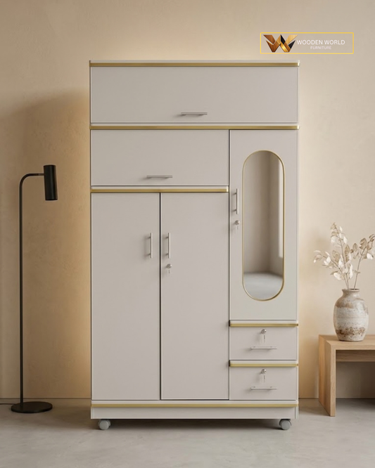 Modern Multi-Functional Wardrobe Almirah with Mirror & Gold Trim Accents