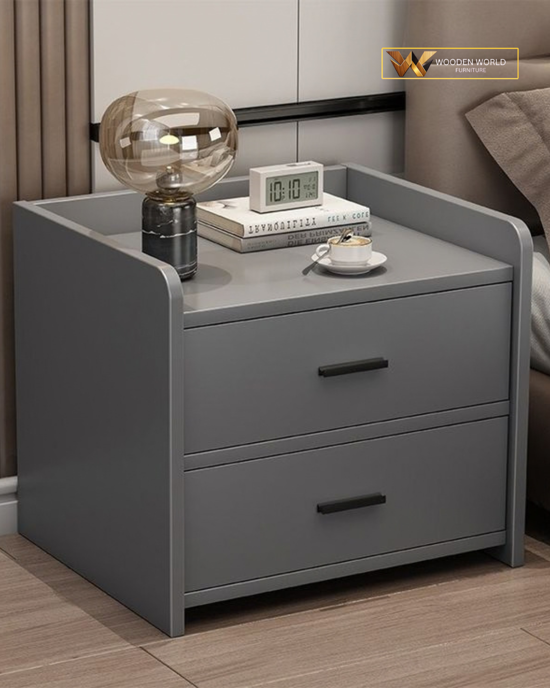 Modern Minimalist Grey Sidetable / Nightstand with 2 Storage Drawers & Raised Edges