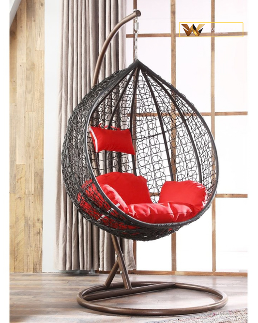 Black Woven Teardrop Hanging Swing Chair with Red Cushion Set