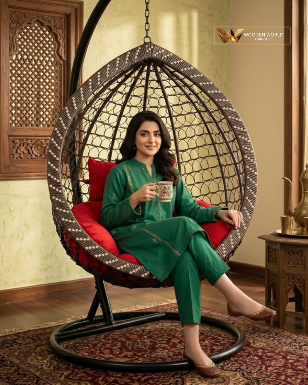 Dark Brown Woven Hanging Egg Chair with Red Cushion