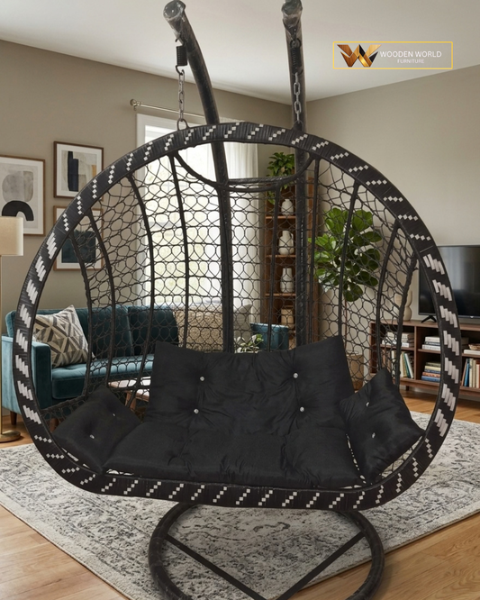 Dual Pole Dark Brown Woven Swing Chair with Black Cushions