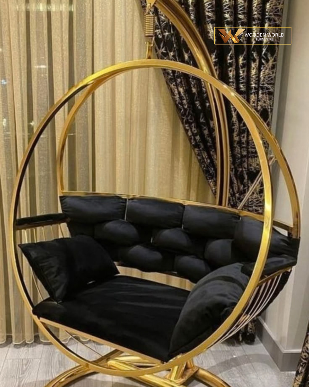 Luxury Gold Frame Hanging Swing Chair with Black Velvet Cushions
