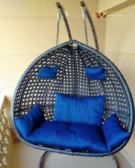 Double Seat Grey Woven Egg Swing Chair with Royal Blue Cushions