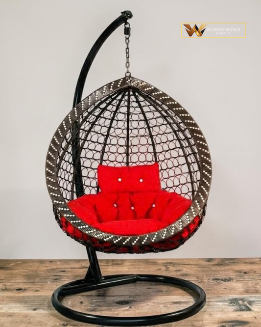 Modern Dark Brown Woven Hanging Egg Chair with Red Cushions & Stand