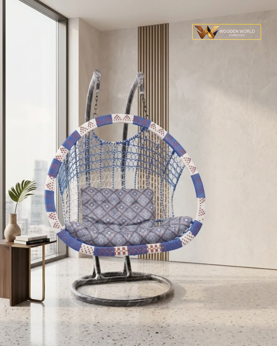 Dual Pole Blue Woven Hanging Swing Chair with Cushions